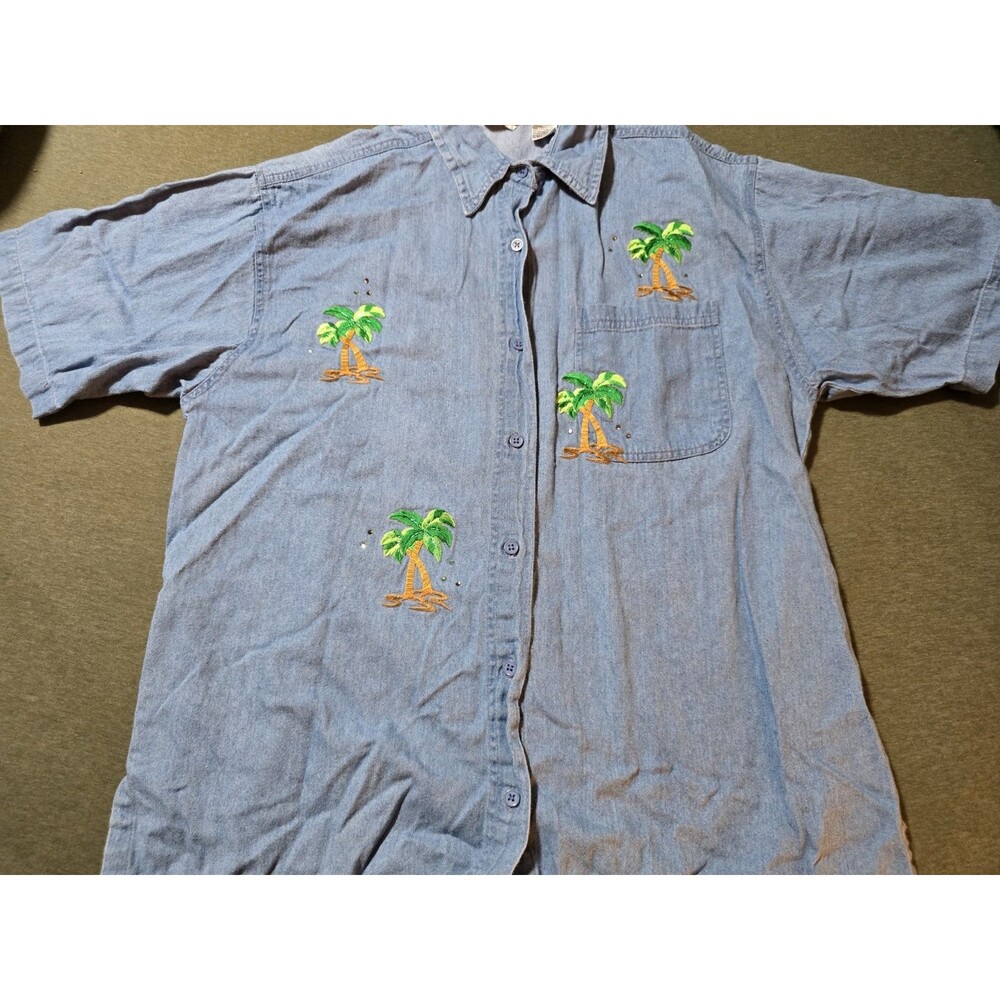 Vintage Denim Embroidered Short Sleeve Palm Trees Coastal Tropcial Womens Large